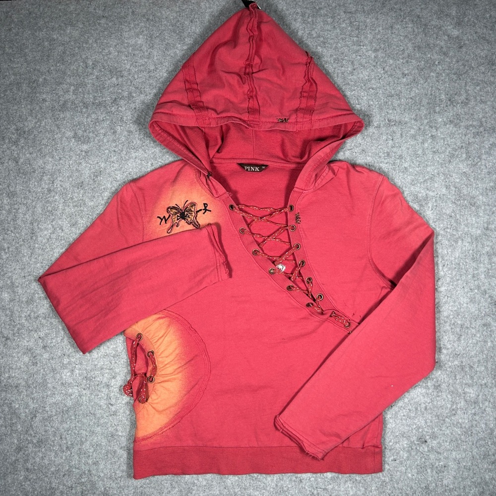 PINK Hoodie Womens XL Red Lace Up V-Neck Butterfly Fairycore Grunge Y2K Pullover